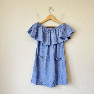 PEPITO'S 100% Linen Off The Shoulder Mini Dress Woven in Blue